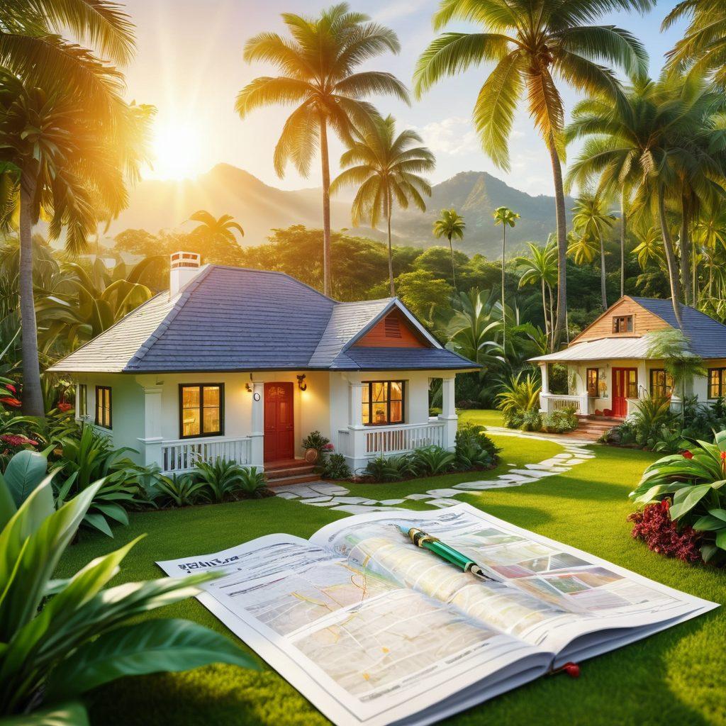 A lush green jungle intertwined with real estate symbols like houses, keys, and dollar signs, creating a vibrant and dynamic landscape. In the foreground, a diverse group of smiling home buyers and sellers is consulting a friendly real estate expert, surrounded by open maps and documents. The sun beams down through the trees, illuminating the scene, emphasizing the adventure of navigating the real estate market. Enrich the image with tropical plants and vivid colors to enhance the sense of exploration and guidance. super-realistic. vibrant colors. 3D.