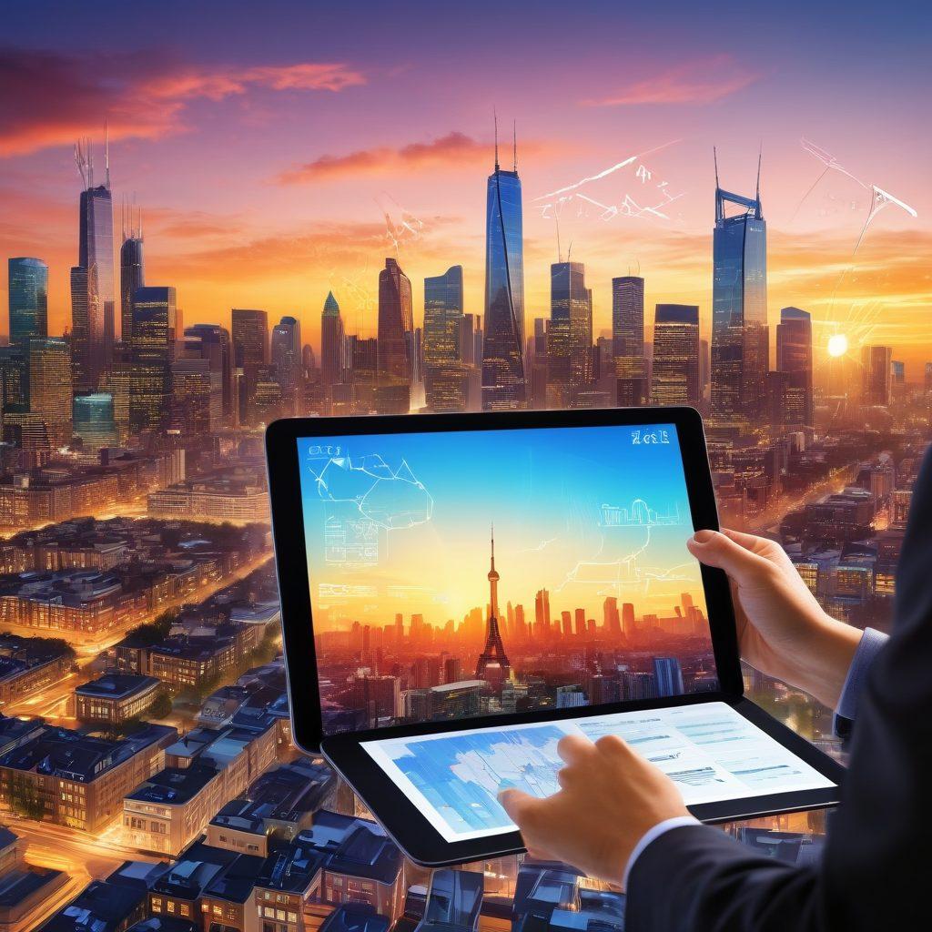 A modern, bustling city skyline with diverse architectural styles symbolizing real estate trends, featuring a digital map overlay highlighting key neighborhoods and opportunities. In the foreground, a confident individual with a digital tablet is analyzing market data, surrounded by growth indicators like upward arrows and graphs. The sunset casts a warm glow, reflecting optimism in the market. super-realistic. vibrant colors. panoramic view.