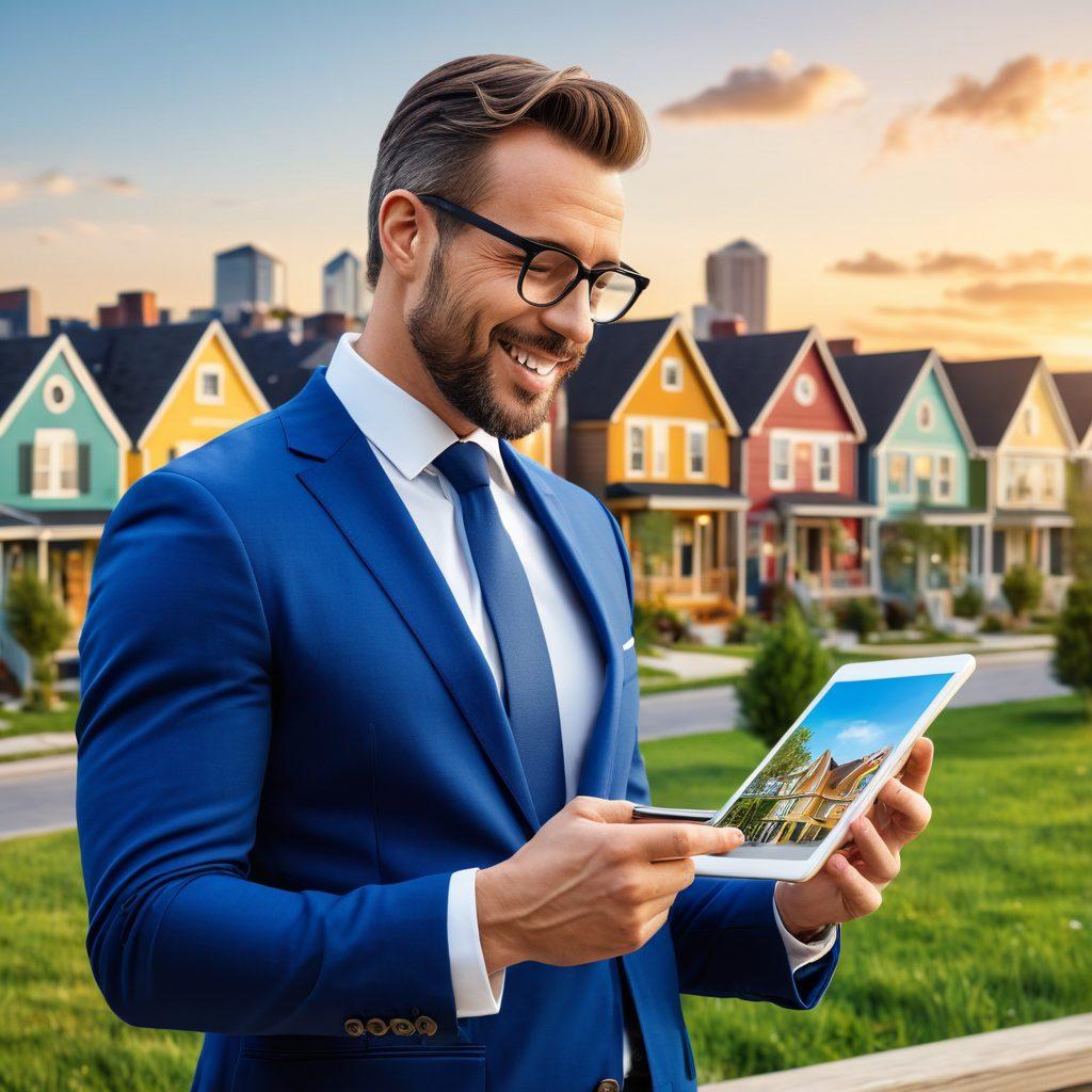 A dynamic city skyline featuring diverse properties – a modern high-rise, charming townhouses, and rustic cottages. In the foreground, a friendly real estate agent holds a tablet displaying property listings, while thoughtful buyers analyze a property valuation chart. Include elements of success like upward arrows and dollar signs subtly integrated into the background. The scene is vibrant and optimistic, capturing the essence of property investment. super-realistic. vibrant colors. 3D.